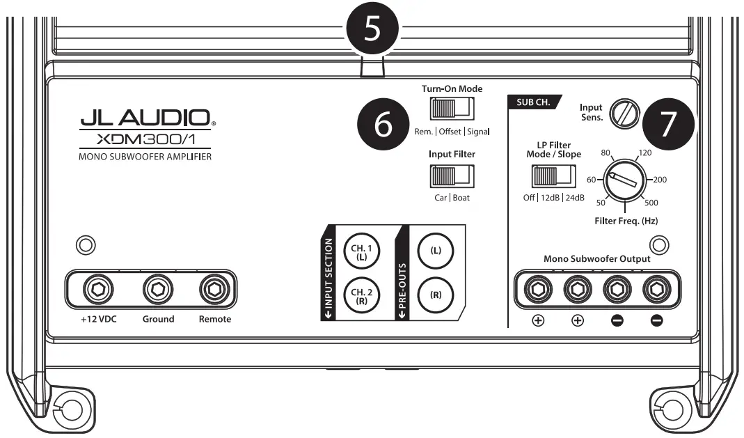 JL AUDIO XDM300 1 300W Mono ClasS D Subwoofer Amplifier - CONTROLS
