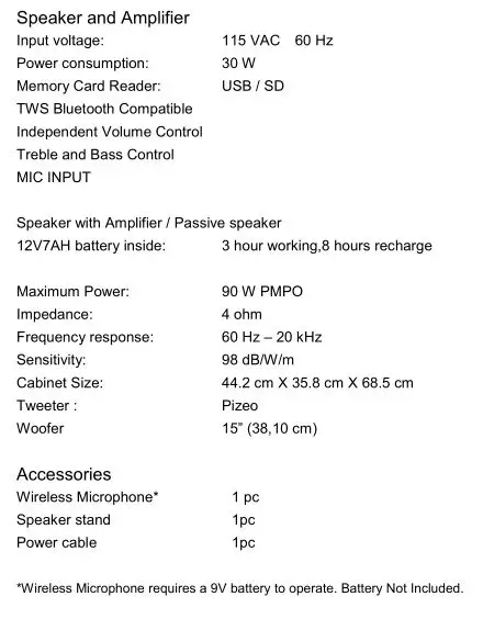OA115A Party Speaker - TECHNICAL SPECIFICATION