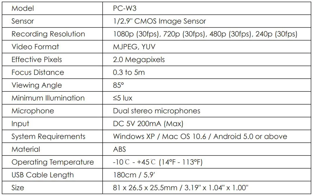 AUKEY PC-W3 1080p Full HD Webcam with Dual Stereo Microphone - Specifications