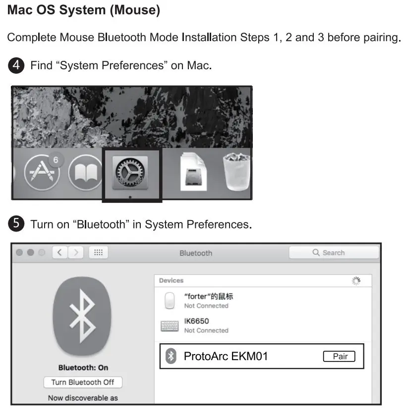 ProtoArc EKM01 Ergonomic Keyboard and Mouse Combo User Manual - Mouse Bluetooth Connection Steps