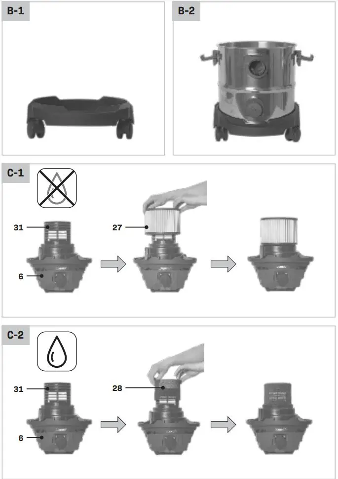 VONROC VC504AC Wet & Dry Vacuum Cleaner Instructions - Fig. B,C