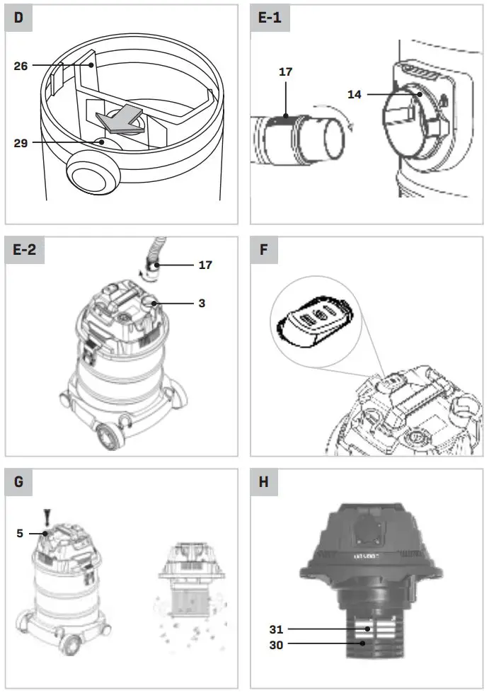 VONROC VC504AC Wet & Dry Vacuum Cleaner Instructions - Fig. D,E,F,G,H