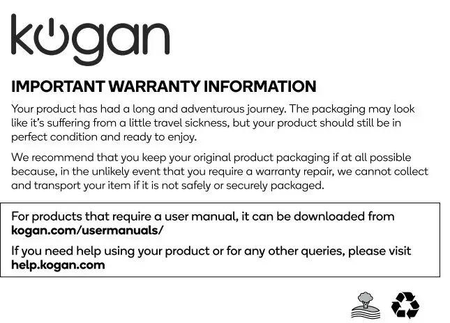 kogan 52cm Undermount Rangehood Instruction Manual - Important Warranty information