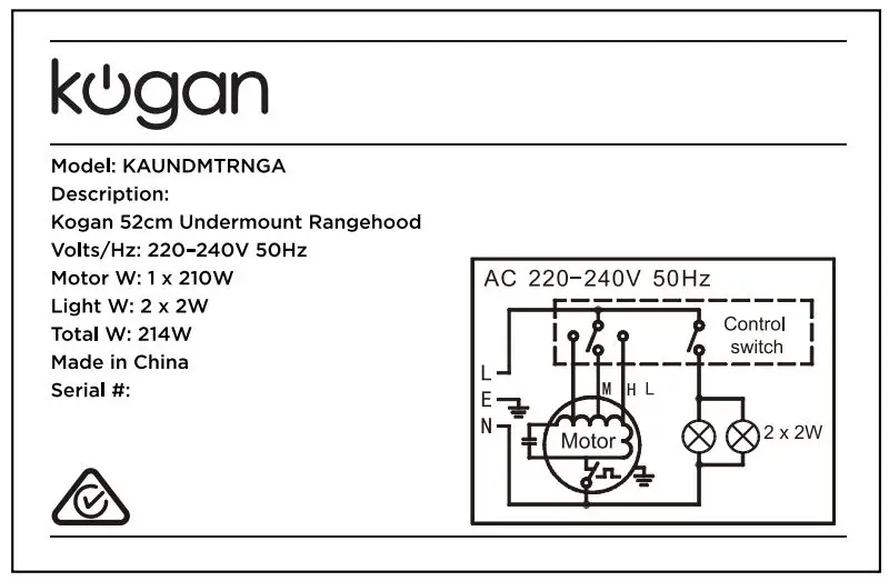 kogan 52cm Undermount Rangehood Instruction Manual - Technical Data
