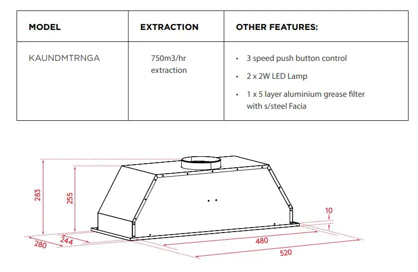 kogan 52cm Undermount Rangehood Instruction Manual - Technical Specifications