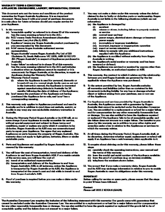 kogan 52cm Undermount Rangehood Instruction Manual - Warranty