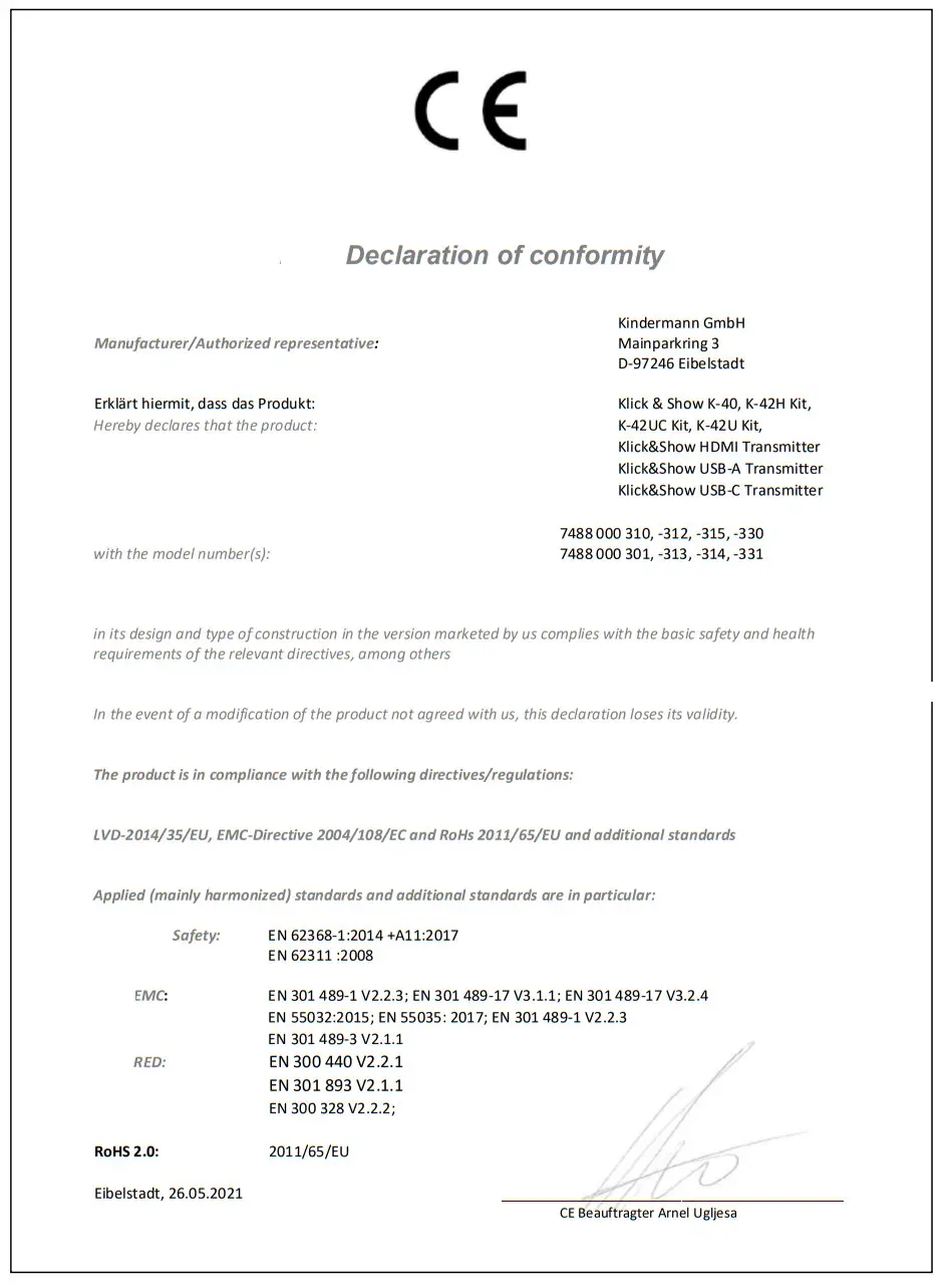 Kindermann KLICK and SHOW K 42U Kit - conformity