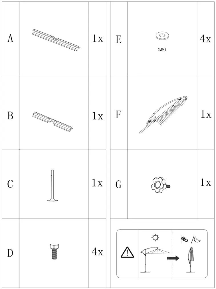 sunwaal 3.5m Folding Garden Umbrella - Parts list