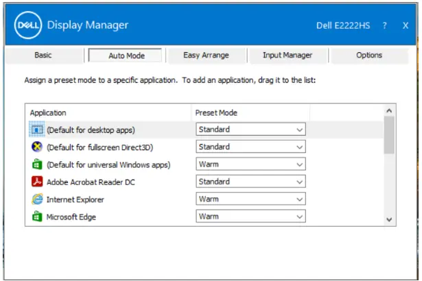 DELL E2222HS 22 Height Adjustable Monitor - Assigning Preset Modes to Applications