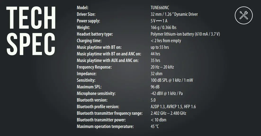 JBL Model TUNE660NC Wireless On-ear Active Noise-Cancelling Headphones - TECHSPEC