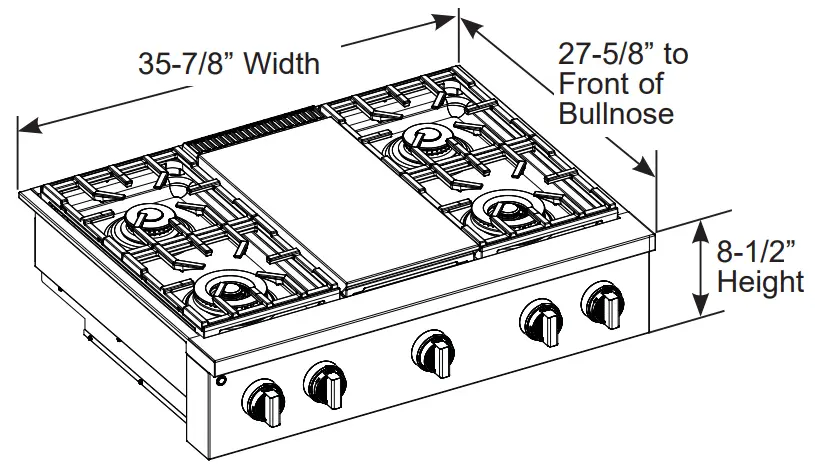 MONOGRAM ZGU364NDTSS 36 Inch Professional Gas Rangetop with 4 Burners and Griddle - PRODUCT DIMENSIONS