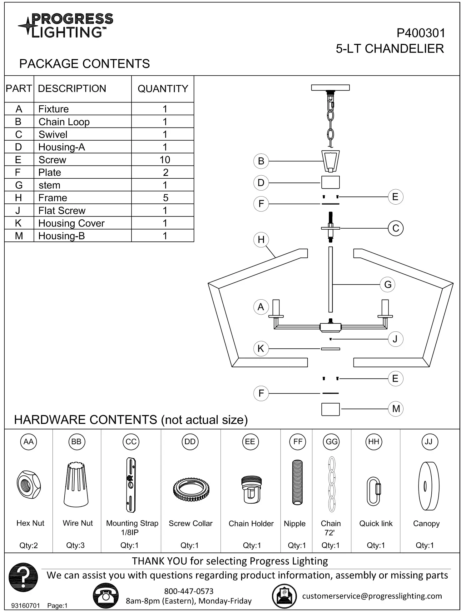 PROGRESS LIGHTING P400301 5-Light Brushed Nickel Farmhouse Chandelier Instruction Manual