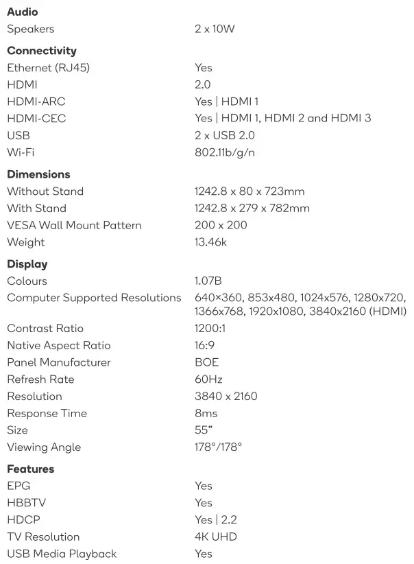 kogan 55” SMART HDR 4K LED TV - SPECIFICATIONS 1