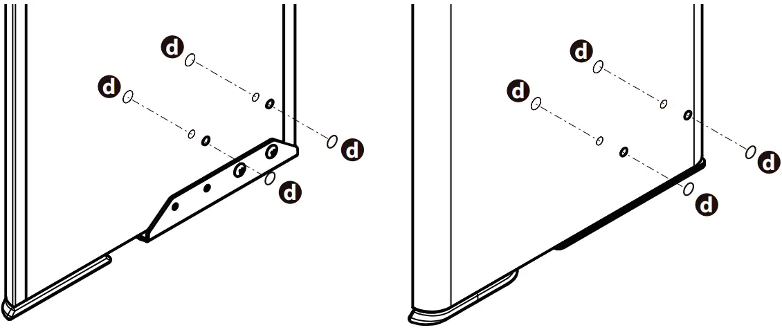 Affix hole patches (d) for hiding the holes in the side boards A B