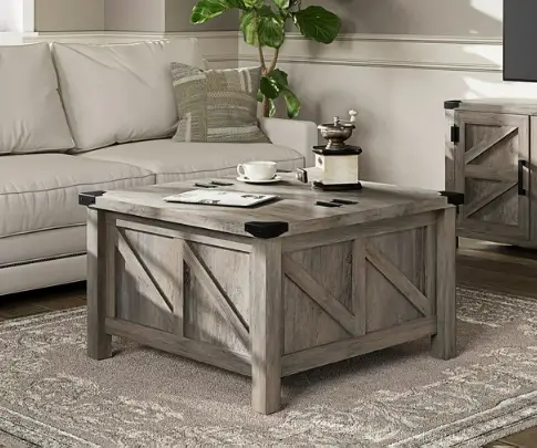 Wampat W02D2081L Modern Farmhouse Coffee Table, Square Wood Center Table with Storage