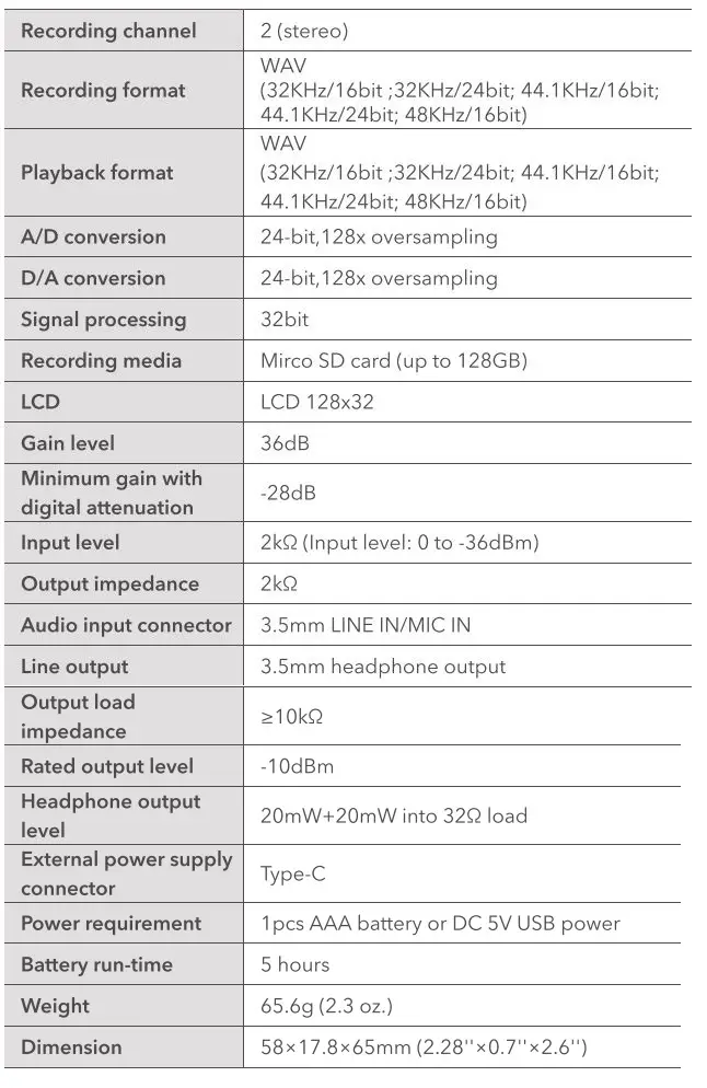 Saramonic SR-R1 Miniature Handy Recorder with Lavalier Microphone User Manual - Specifications