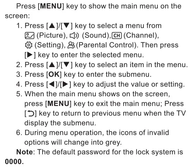 VOX UHD 43ADW-D1 B Electronics LED TV Instruction Manual - Menu operation description
