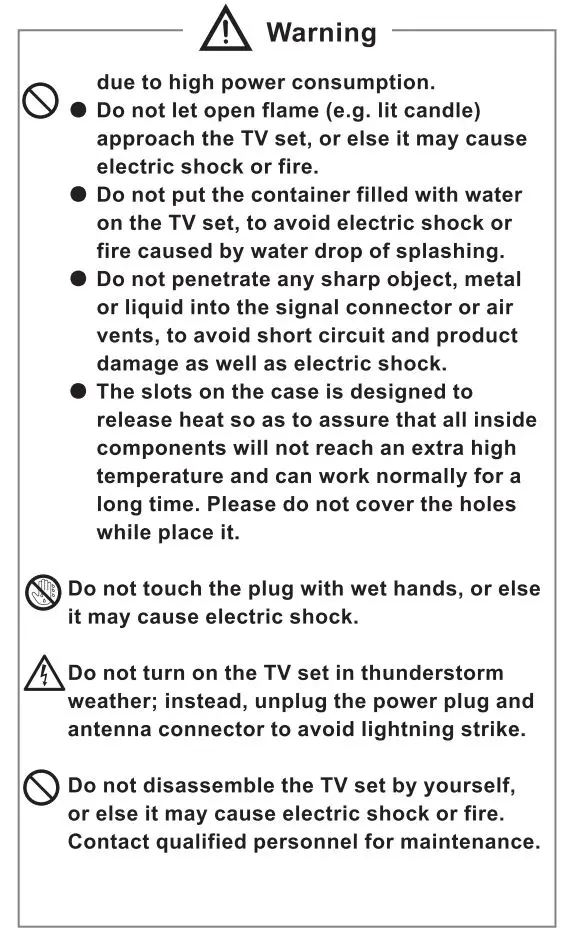 VOX UHD 43ADW-D1 B Electronics LED TV Instruction Manual - Warning