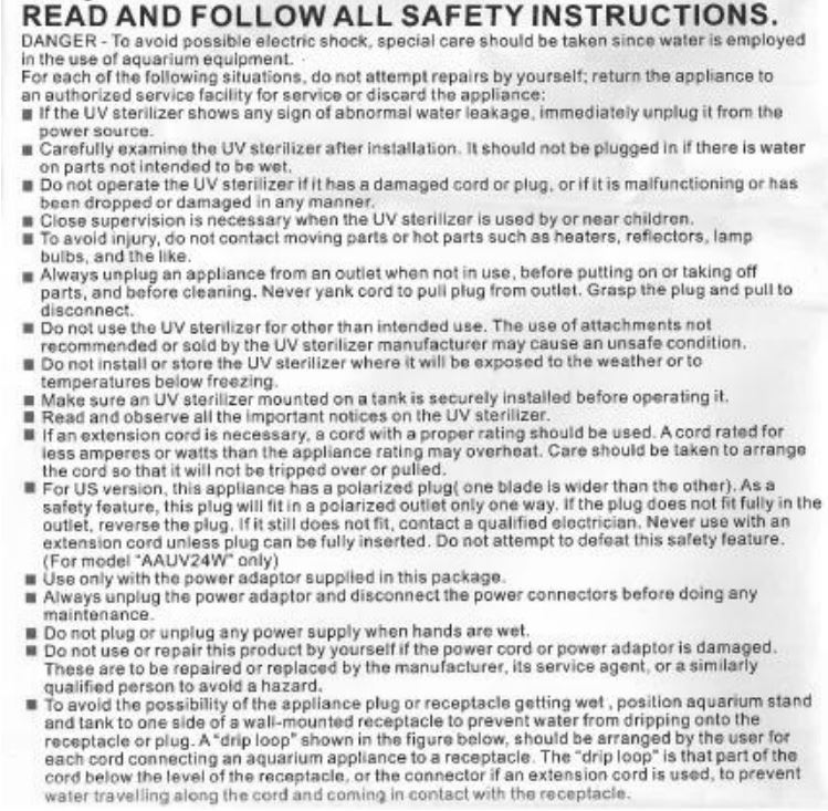 AA Aquarium AA’s Internal UV sterilizer AAUV9W User Manual - Read and follow all safety instructions