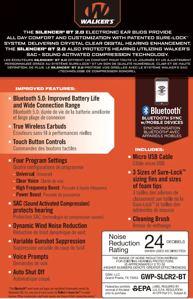 WALKER-S GWP-SLCR2-BT-V2 Silencer BT 2.0 Earbuds Instruction Manual - How to use