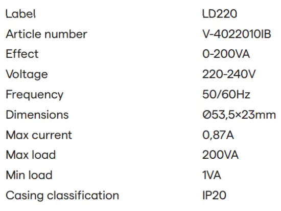 VADSBO LD220 1-200w Universal Dimmer Trailing Edge 3