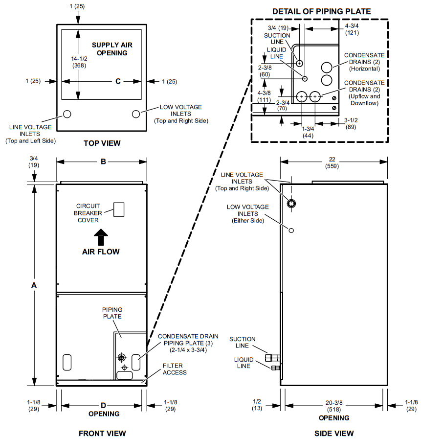 Ruud NAMP1 Series One Piece PSC Air Handler - Unit Dimensions