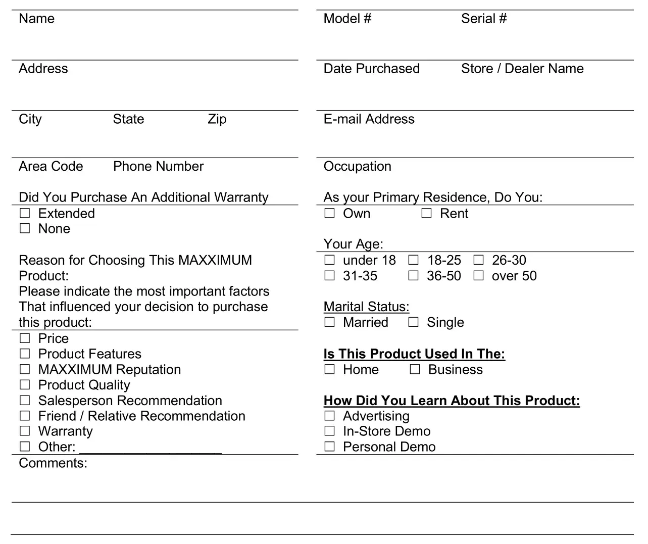 MAXXIMUM Refrigerator MAXBC52SD - MAXXIMUM Registration Card