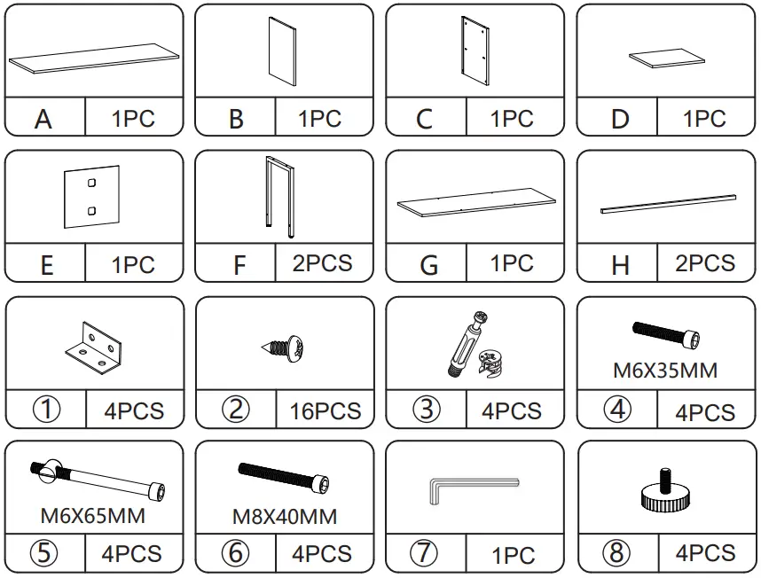 JAXPETY HG61M0931 Retro Solid Wood and Metal TV Shelf Stand - Hardware List