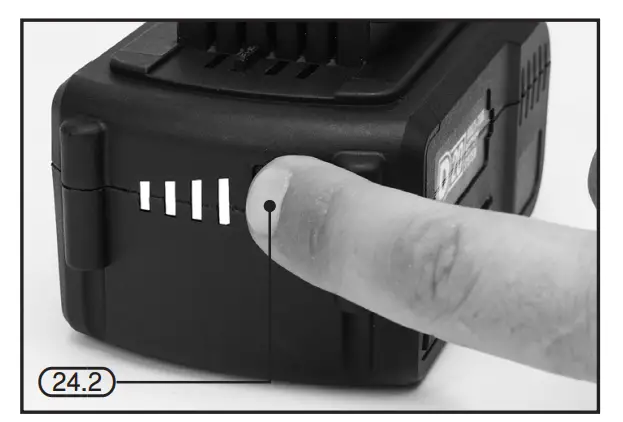 To display the amount of charge left in the battery pack, press the charge level indicator button (24.2).