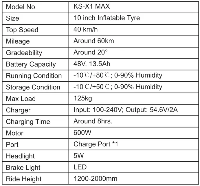 KINGSONG KS-X1 MAX Motor Foldable Adult Electric Scooter - Specifications
