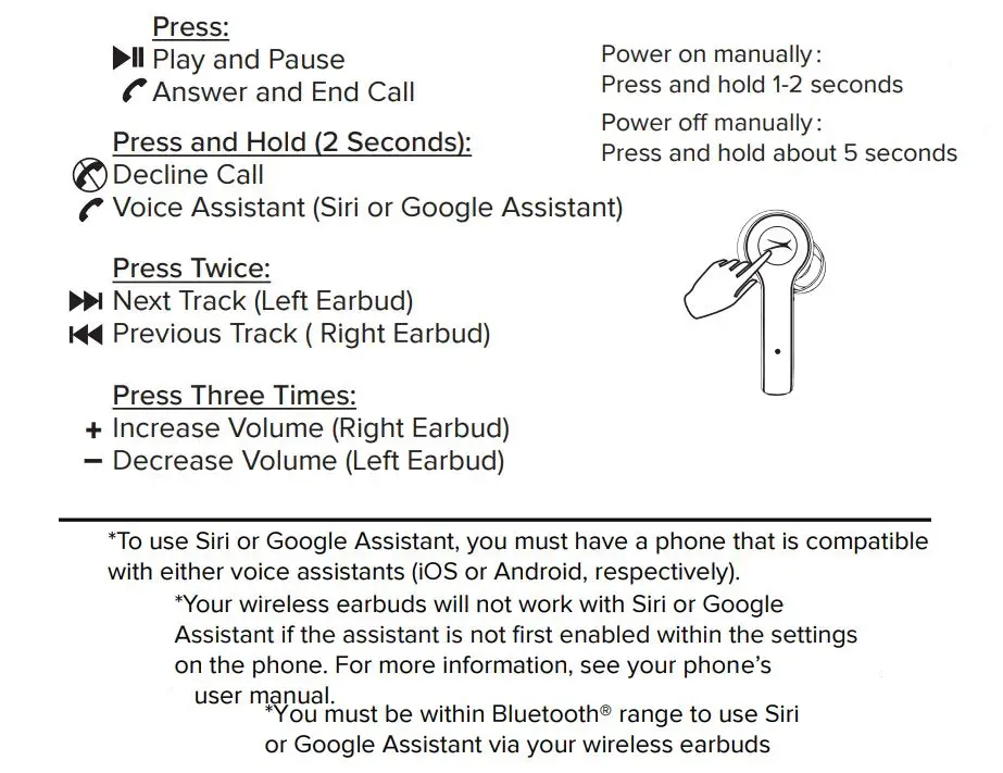 ALTEC MZX634N True Evo Air Wireless Earphones User Guide - Earbud Controls