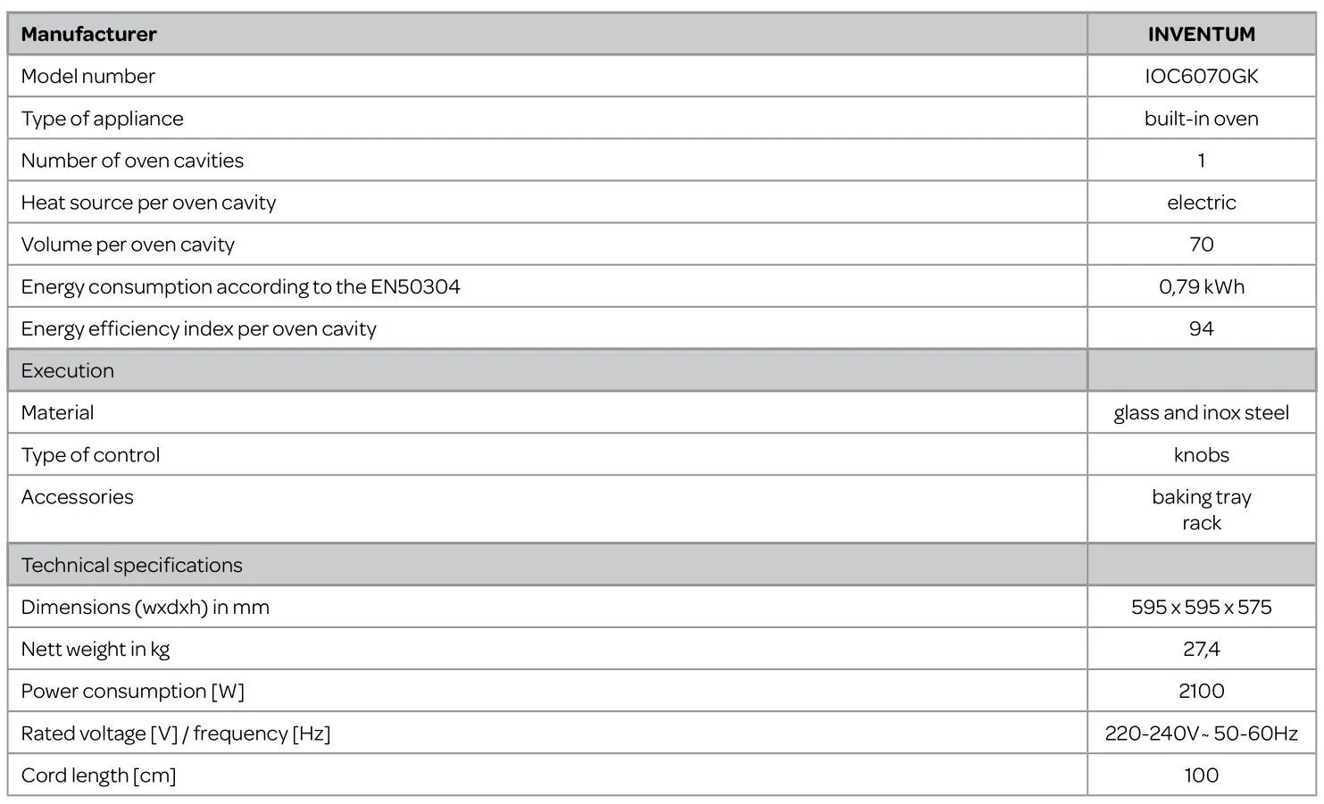 Inventum IOC6070GK inbouw oven - product fiche