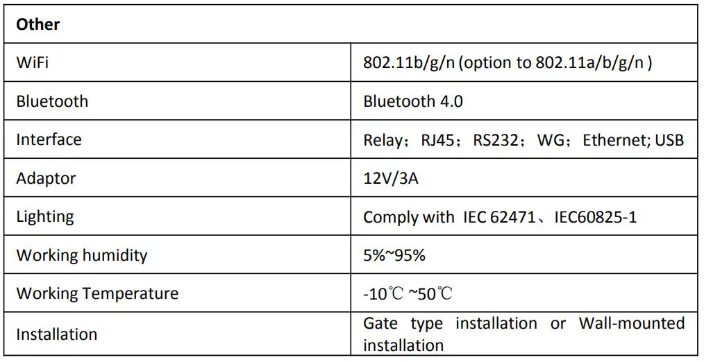 ARATEK BA8200 Face Recognition Terminal - Parameter 4
