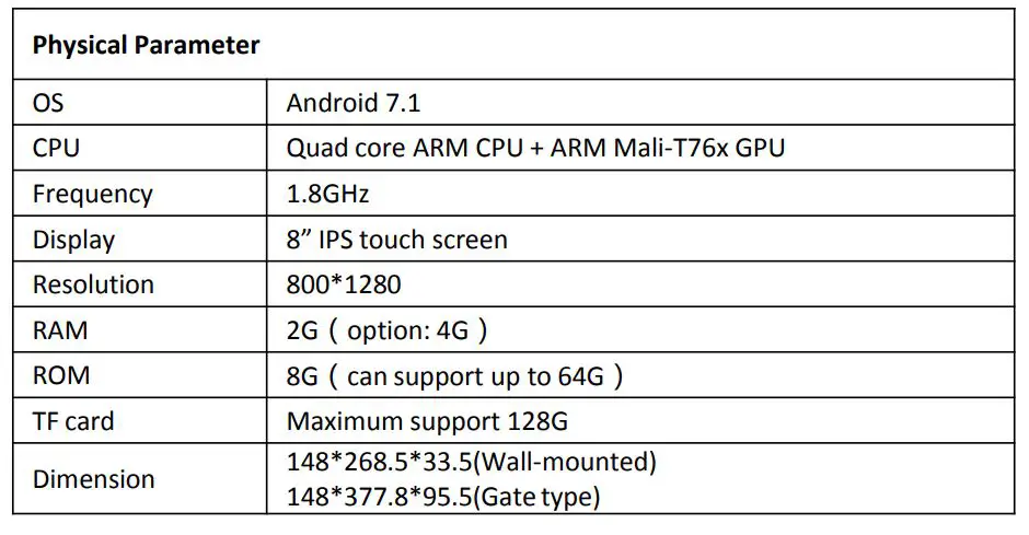ARATEK BA8200 Face Recognition Terminal - Parameter