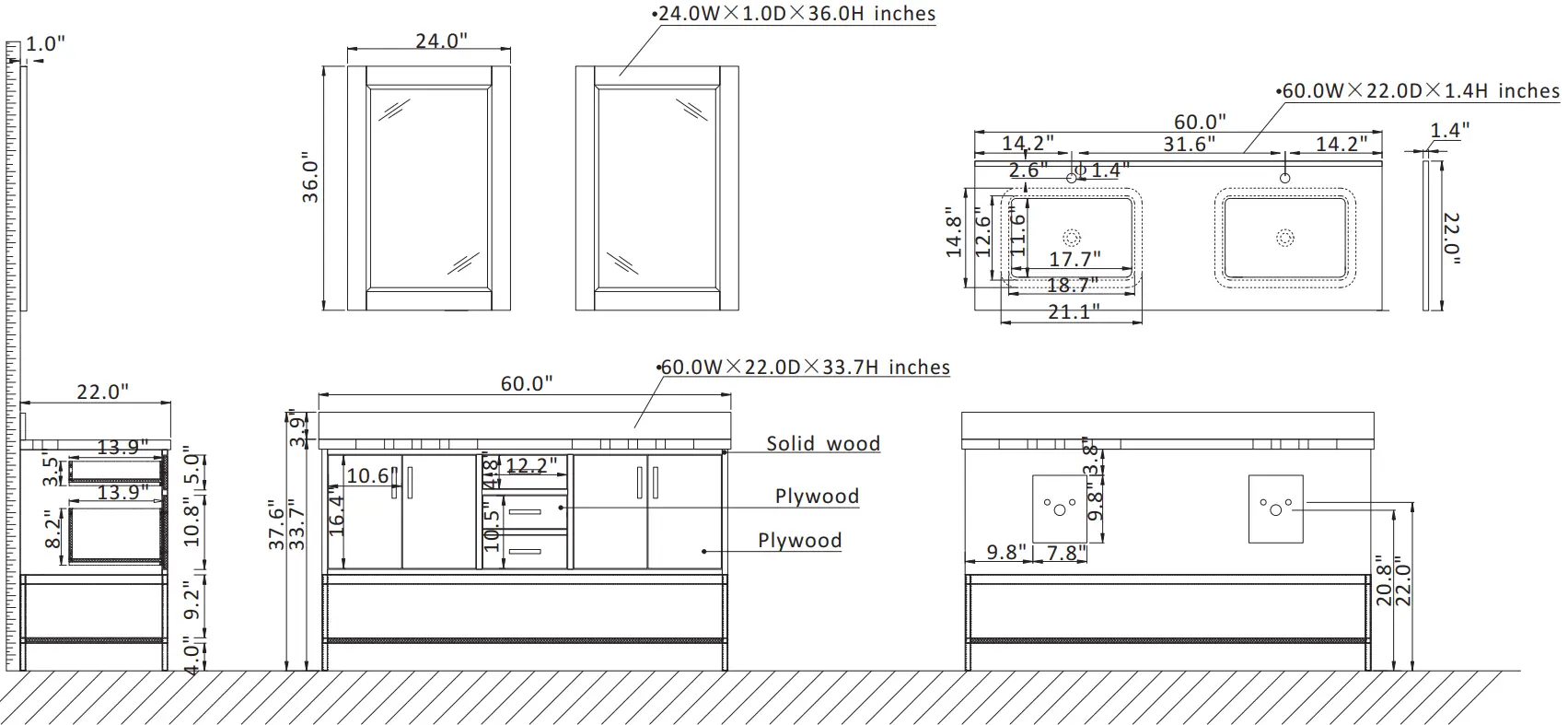 ALTAIR 546060 BO GW NM Bath Vanity Oak with Grain White Composite Stone Top - Installation