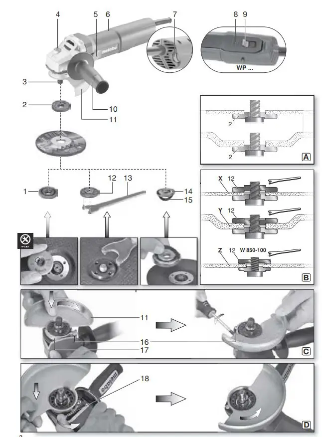 metabo W 850-100 850W Cordless Angle Grinder Instructions - Product Overview 1