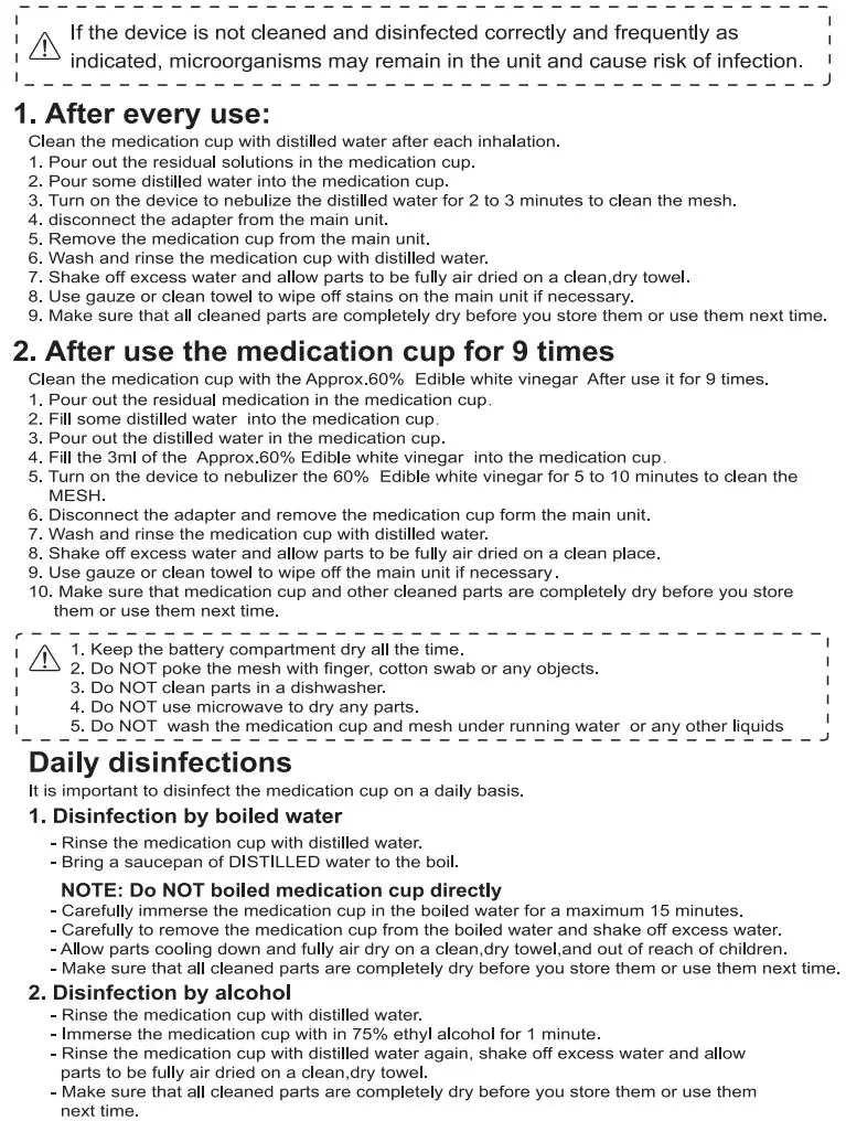 MESH-S600B Ultrasonic Mini Nebulizer Portable Nonventilatory Atomizer Instruction Manual - Cleaning and disinfection