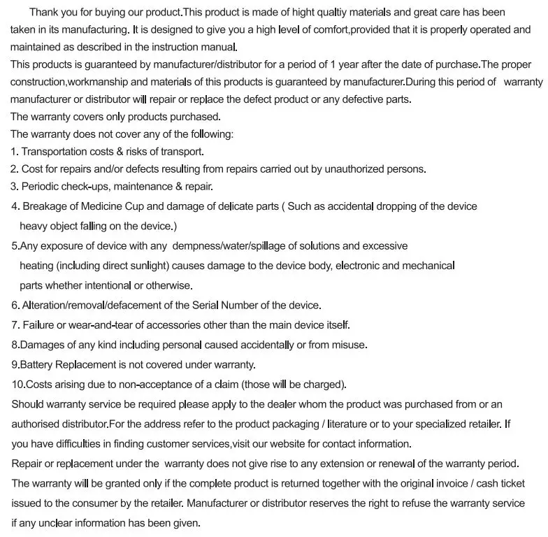 MESH-S600B Ultrasonic Mini Nebulizer Portable Nonventilatory Atomizer Instruction Manual - Warranty