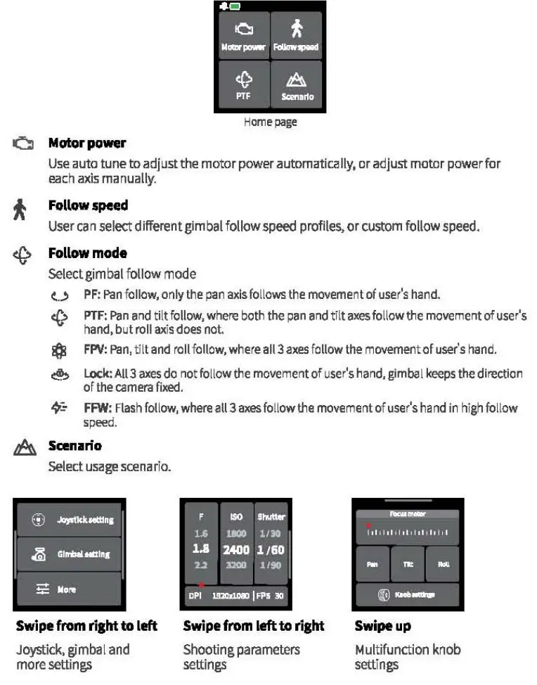 FeiyuTech Scorp Mini Gimbal User Guide - Touch screen operation