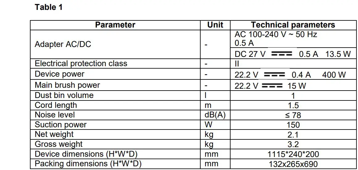 timberk T-VCH-65 Vertical Vacuum Cleaner Instruction Manual - SPECIFICATIONS