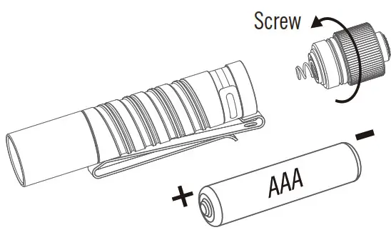 OLIGHT i3T EOS Brass 180 Lumen LED Flashlight- BATTERY INSTALLATION