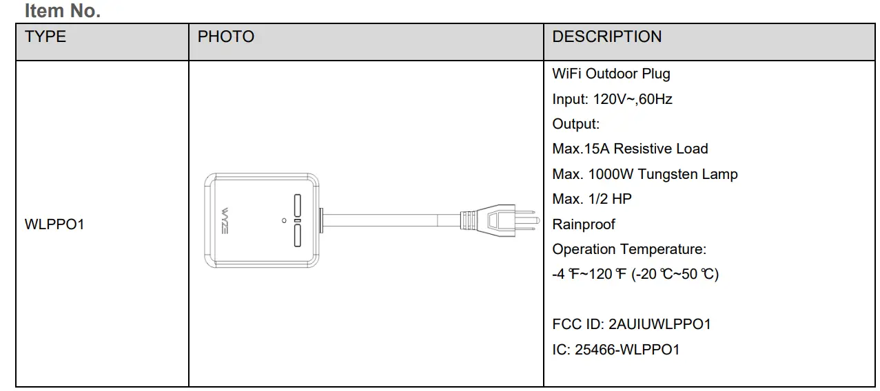 WYZE WLPPO1 Wi-Fi Outdoor Plug Instruction Manual - AC Adaptor