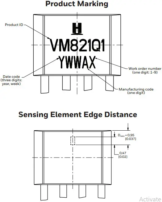 Honeywell VM821Q1 AMR 4-Pin Quadrature Sensor -Figure 5. Dimensions and Product Marking (For reference only mm2[in])