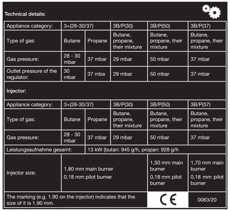 Volcano G21 Gas patio heater - Specifications