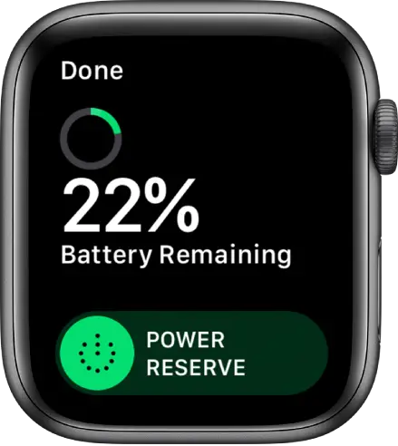 The Power Reserve screen showing the Done button at the top left, remaining battery percentage, and the Power Reserve slider.