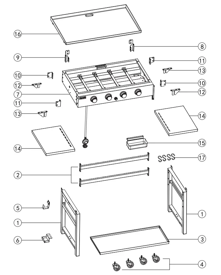 GB4000 36 Inch 4-Burner Gas Griddle Exploded View