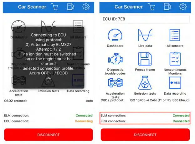 Vgate vLinker FS Bluetooth OBD2 Car Diagnostic Scan Tool - ELM and ECU are successfully connected