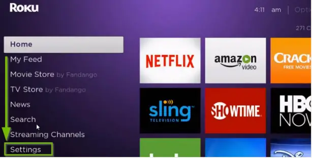 Roku home screen, highlighting the Settings option.