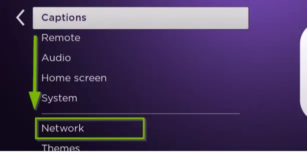 Roku Settings menu, highlighting the Network option.