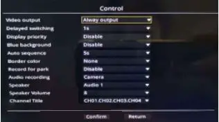 NEXTECH Vehicle DVR, Monitor, Camera Kit - Control setting